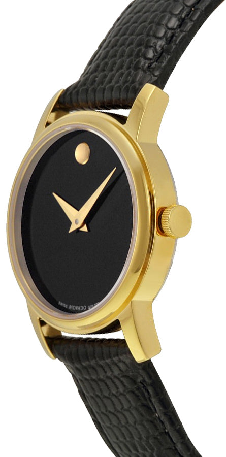 Movado Museum watch side profile showing gold case, crown, and textured black leather strap