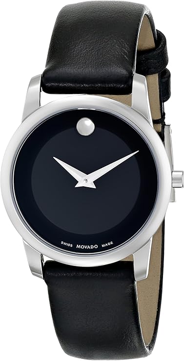 Movado Museum Classic women's watch with black dial, stainless steel case, and black leather strap