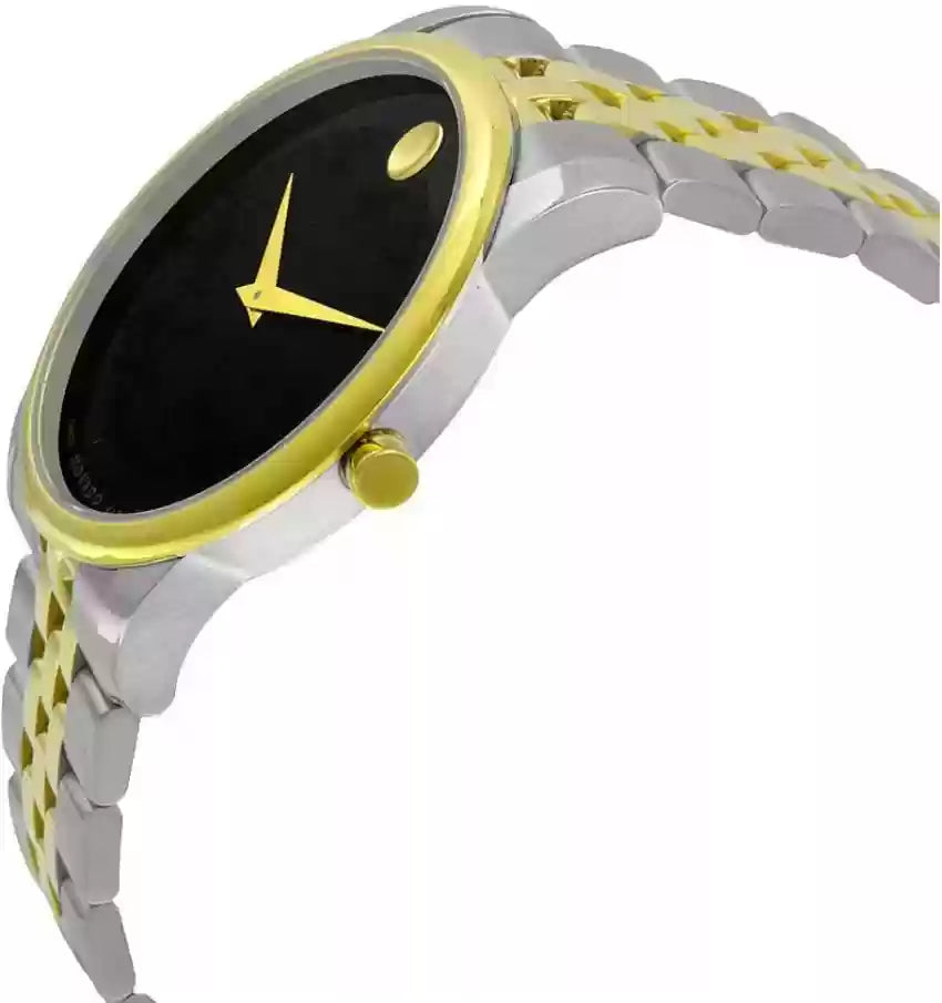 Movado Museum Classic two-tone watch worn on wrist, side view with gold bezel