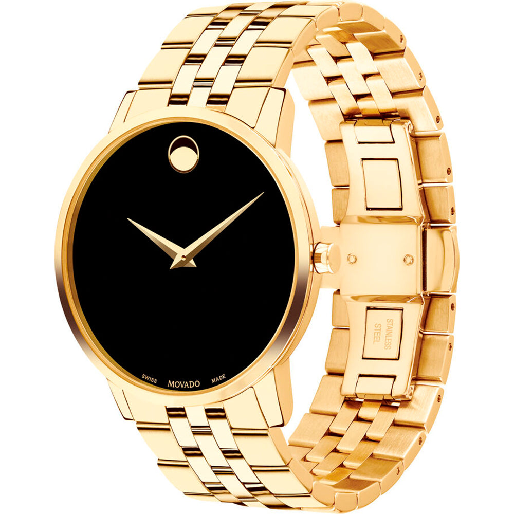 Movado Museum Classic watch at angle showing gold bracelet and black dial