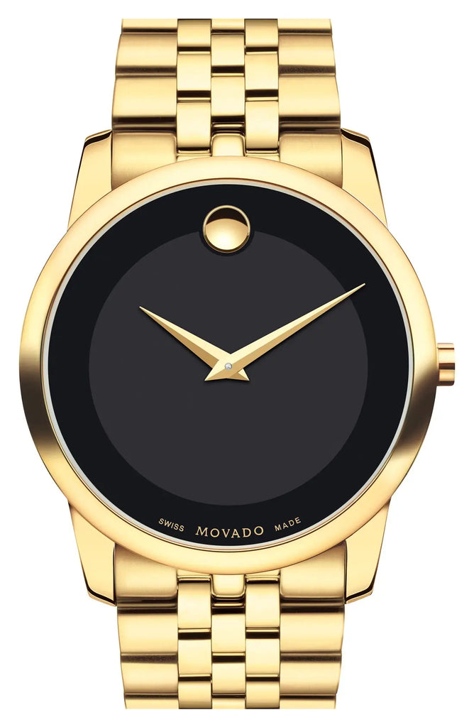 Movado Museum Classic watch with black dial and yellow gold PVD case and bracelet