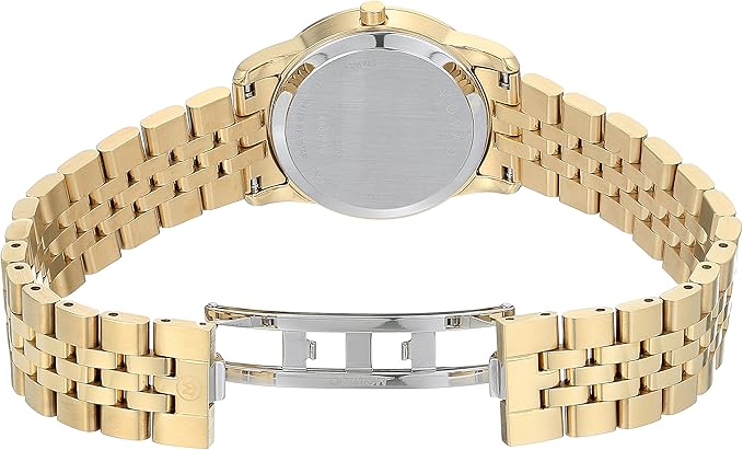 Gold steel bracelet strap and caseback of Movado Museum Classic women's watch