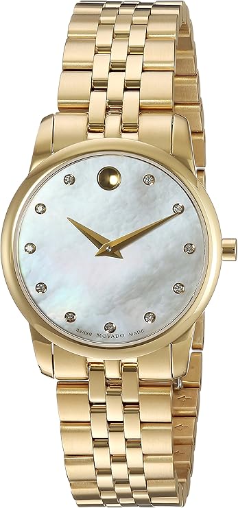 Movado Museum Classic gold watch with mother of pearl dial and diamond markers