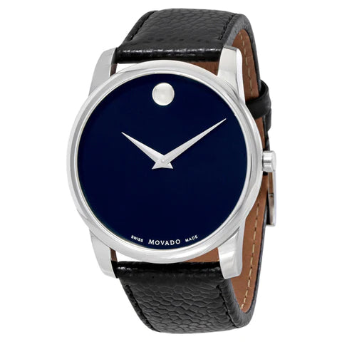 Angled view of Movado Museum Classic with stainless steel case and textured black leather strap