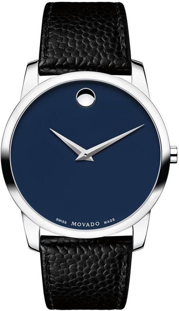 Movado Museum Classic men's watch with navy blue dial, white hands, and black leather strap