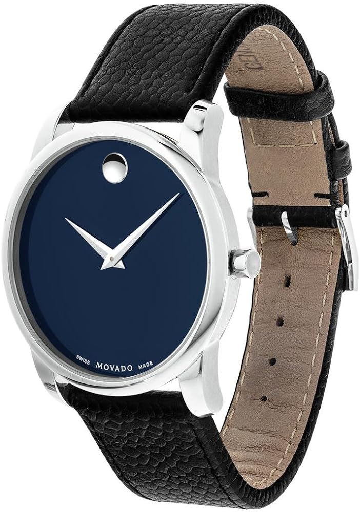 Side view of Movado Museum Classic showing black leather strap and tan leather interior