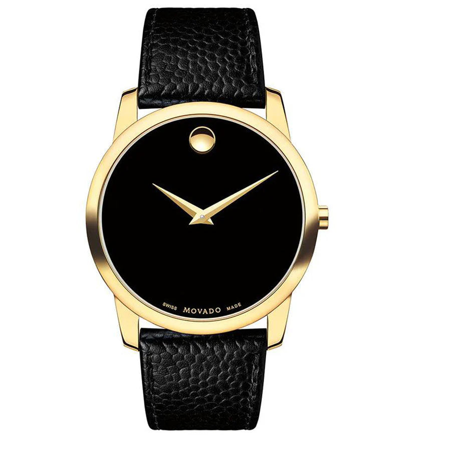 Movado Museum Classic black dial quartz watch with gold-tone case and black leather strap