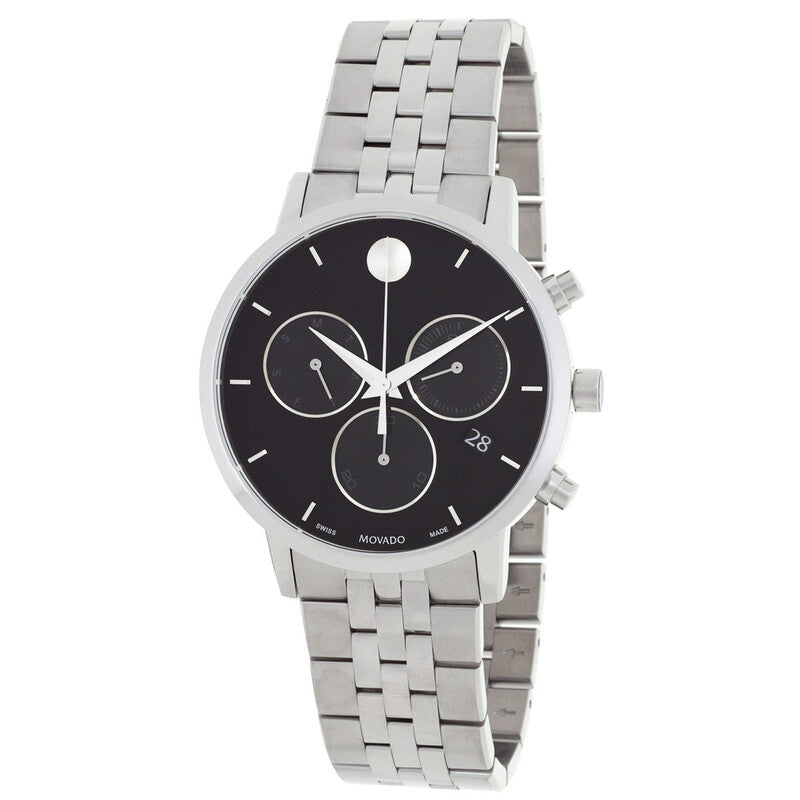 Movado Museum Classic quartz chronograph with black dial, three subdials and stainless steel band