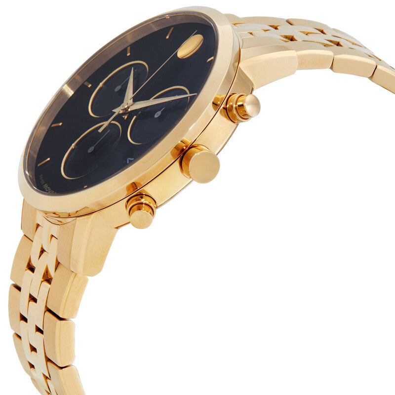 Movado Museum Classic watch side view showing gold case, chronograph subdials, and bracelet