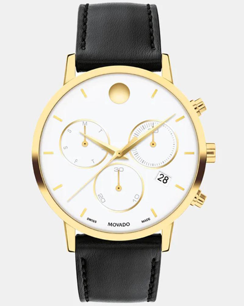 Movado Museum Classic gold-tone quartz watch with white dial and three subdials