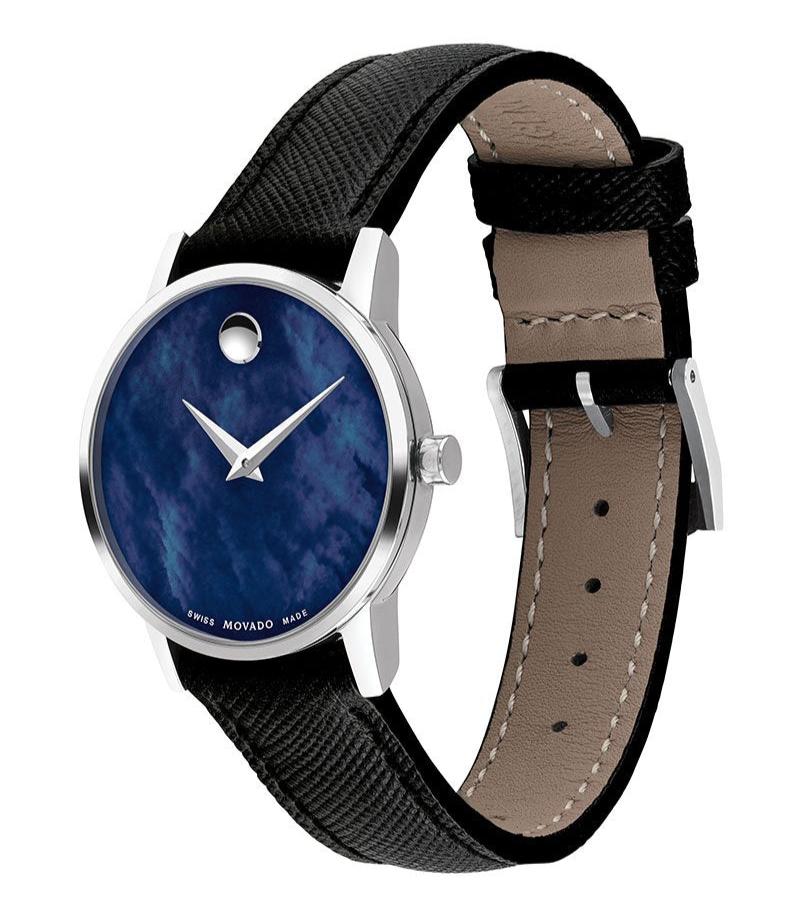 Movado Museum Classic watch showing side view with blue dial and black strap