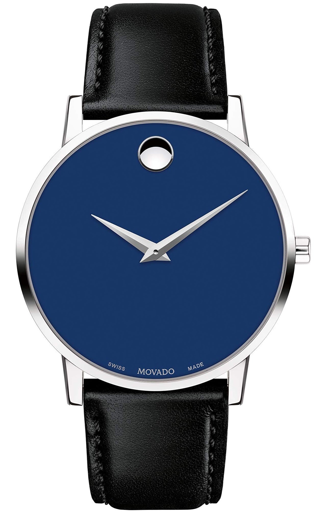 Movado Museum Classic blue dial watch with silver case and black leather strap