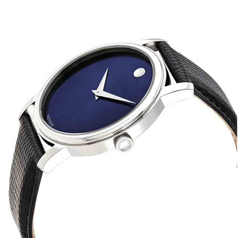 Movado Museum Classic watch angled view displaying blue dial and case profile