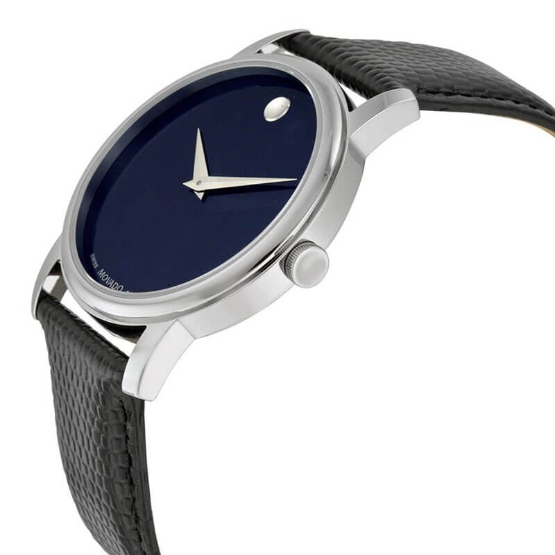 Movado Museum Classic watch in side profile with blue dial and black leather strap