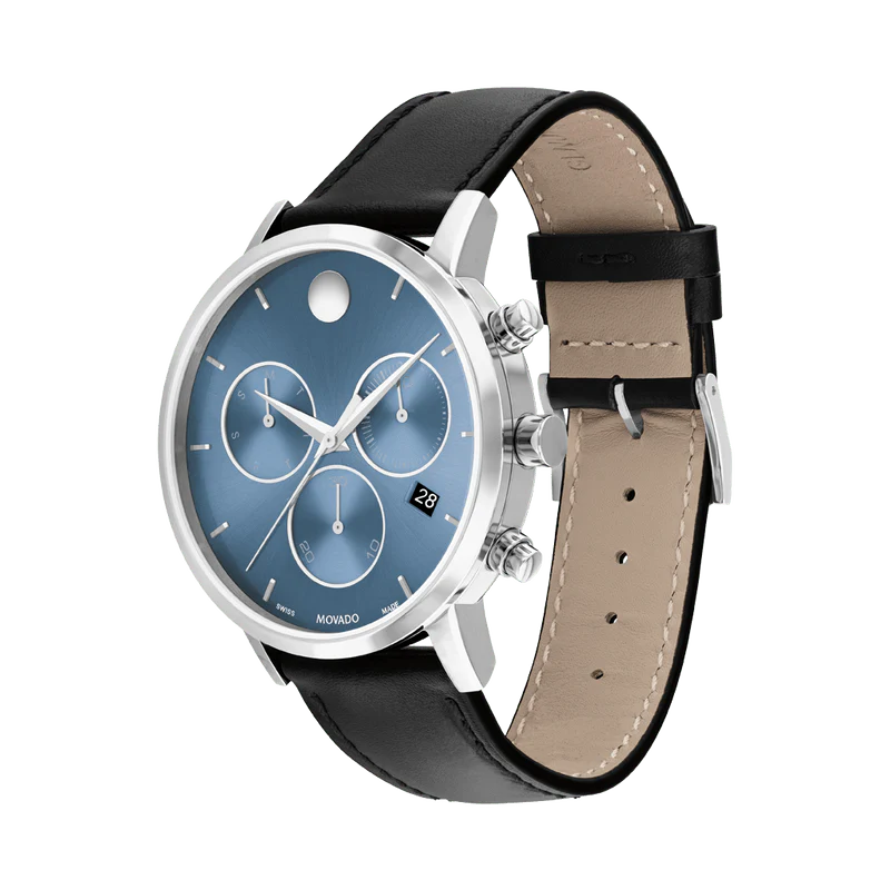 Movado Museum Classic Chronograph blue dial watch on side angle showing black leather strap