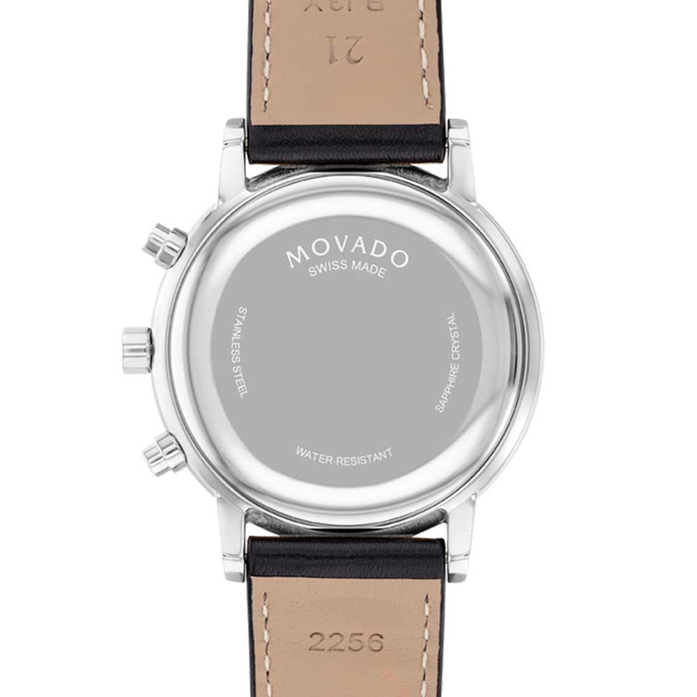 Movado Museum Classic caseback displaying Swiss Made marking and water resistant rating on stainless steel