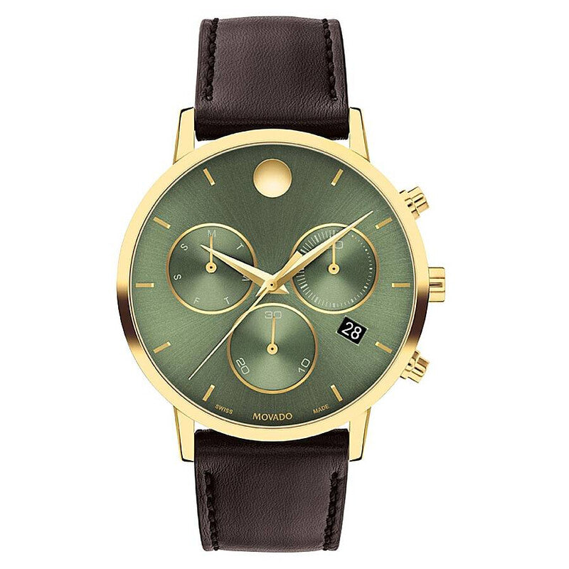 Movado Museum Classic Chronograph green dial watch with gold case and brown leather strap