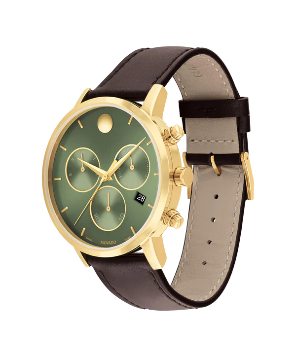 Movado Museum Classic Chronograph watch shown from side profile with brown leather strap