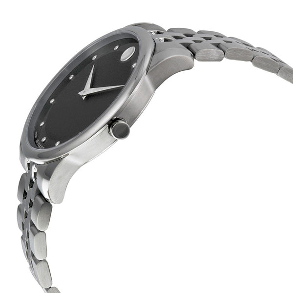Side view of Movado Museum watch showing silver stainless steel case and bracelet