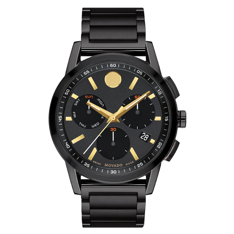 Movado Museum Sport Chronograph men's watch with black dial, gold hands and hour markers, three subdials, and black stainless steel bracelet