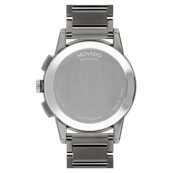 Movado Museum Sport Chronograph caseback showing Swiss made dial with water-resistant marking