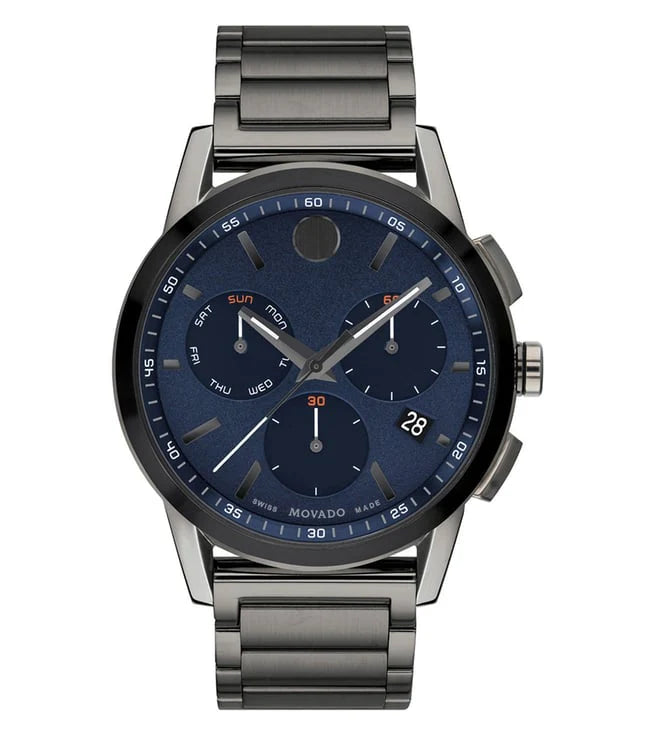 Movado Museum Sport Chronograph quartz watch with blue dial and stainless steel bracelet