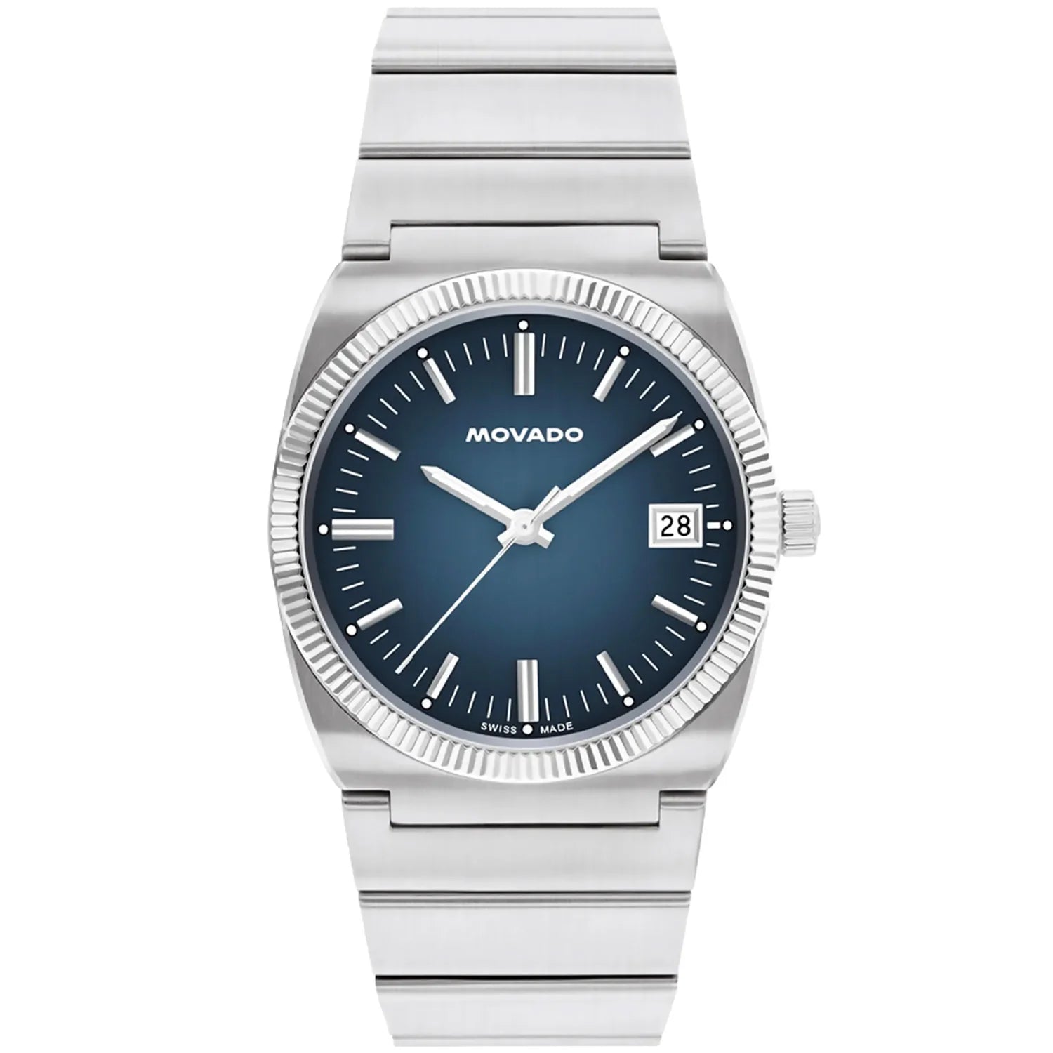 Movado Heritage Ondoplan 36mm blue dial watch with steel bracelet and date window