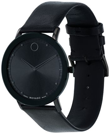 Movado Sapphire black watch angled view showing dial and black leather strap