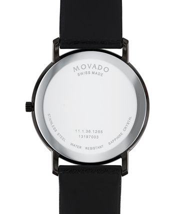 Movado Sapphire caseback showing Swiss-made inscription and watch specifications