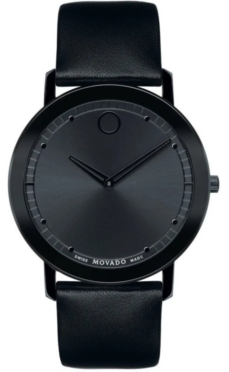 Movado Sapphire black men's watch with black dial and leather strap