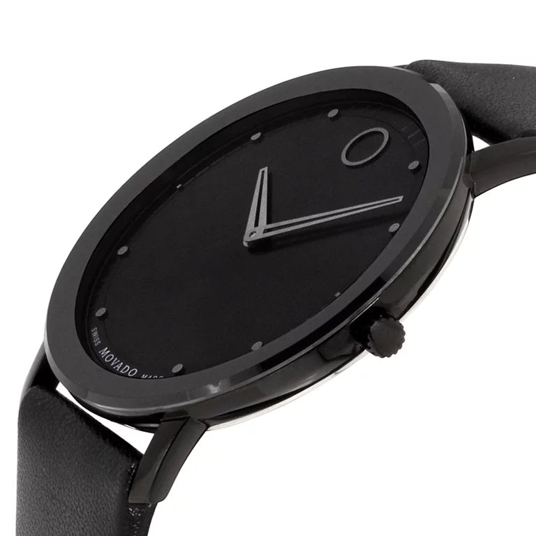 Movado Sapphire black watch worn on wrist with black leather strap