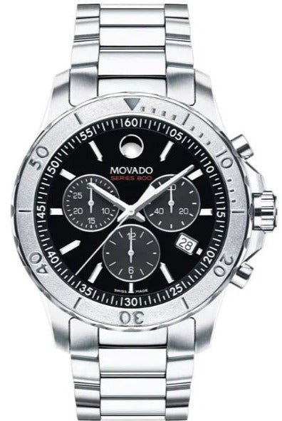 Movado Series 800 chronograph men's watch with black dial and stainless steel bracelet
