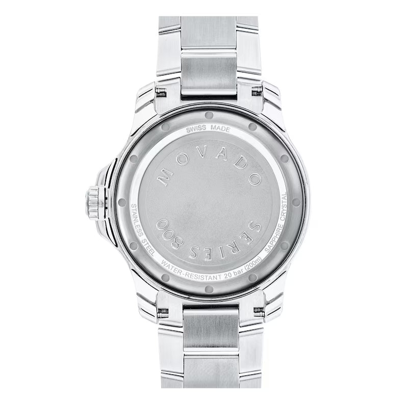 Movado Series 800 caseback showing Movado branding and water resistant markings
