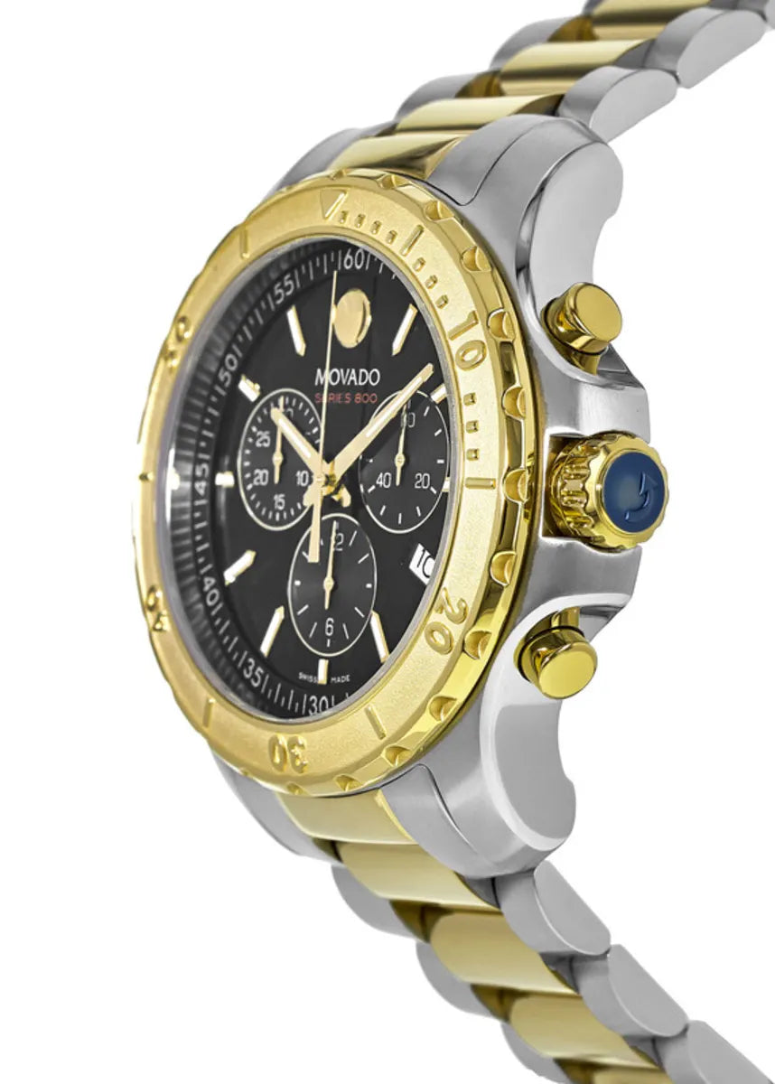 Movado Series 800 chronograph side angle view showing two-tone bracelet and gold bezel