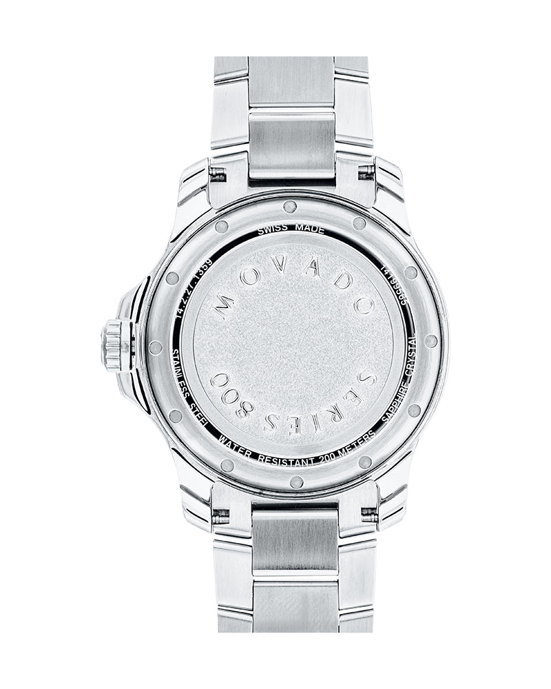 Movado Series 800 caseback showing stainless steel back with engraved Movado branding