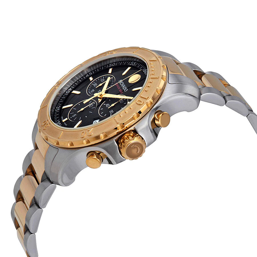 Movado Series 800 chronograph on wrist displaying chronograph sub-dials and date window