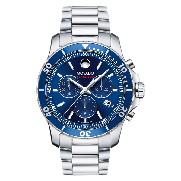 Movado Series 800 chronograph with blue dial and steel bracelet, front view