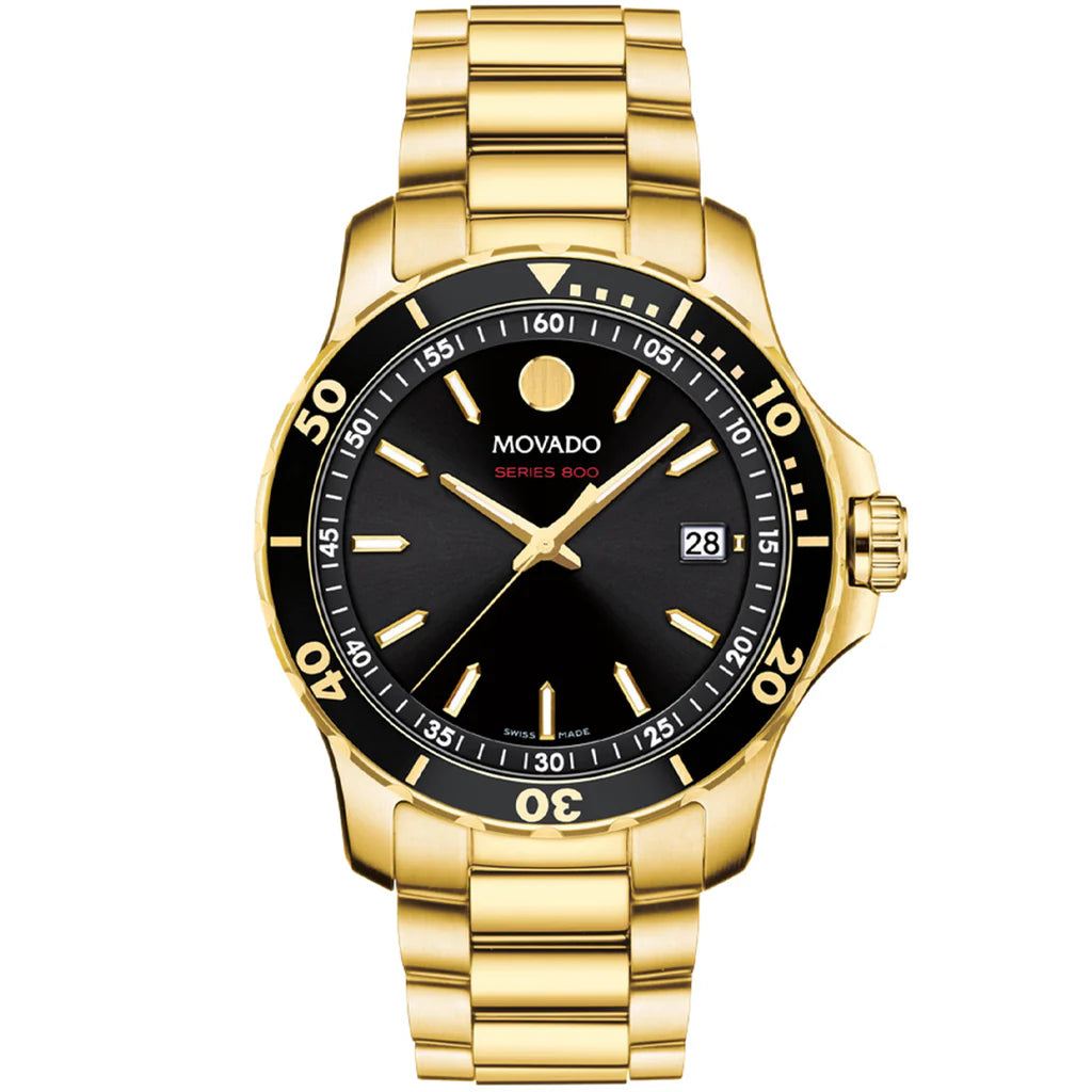 Movado Series 800 gold tone watch with black dial, date window, and gold bracelet