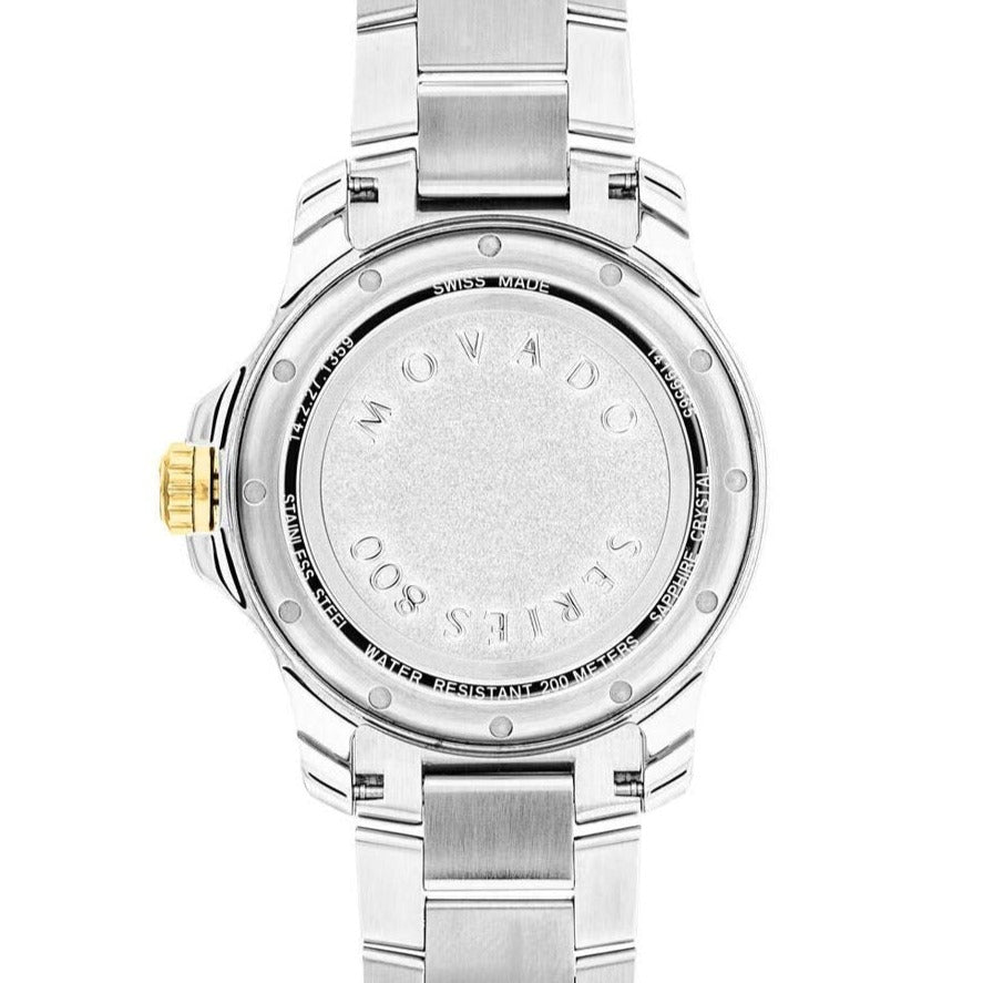 Movado Series 800 case back showing stainless steel with engraved branding