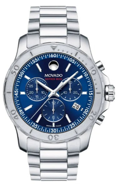 Movado Series 800 blue dial chronograph watch with silver steel bracelet, front view