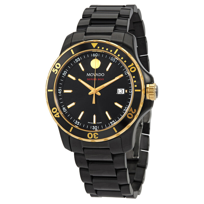 Movado Series 800 watch at angle showing black PVD case, gold accents, and bracelet
