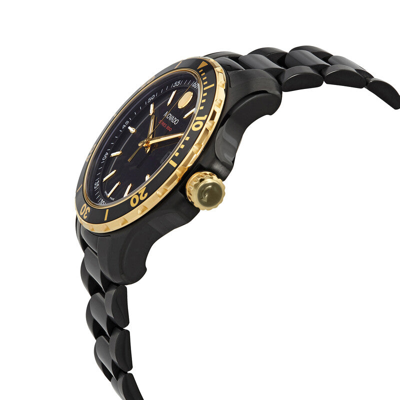Side view of Movado Series 800 watch displaying black case profile and bracelet