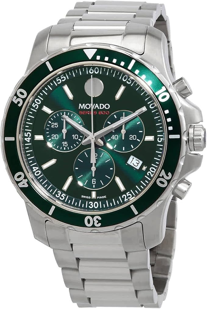 Movado Series 800 chronograph green dial watch angled view with stainless steel bracelet