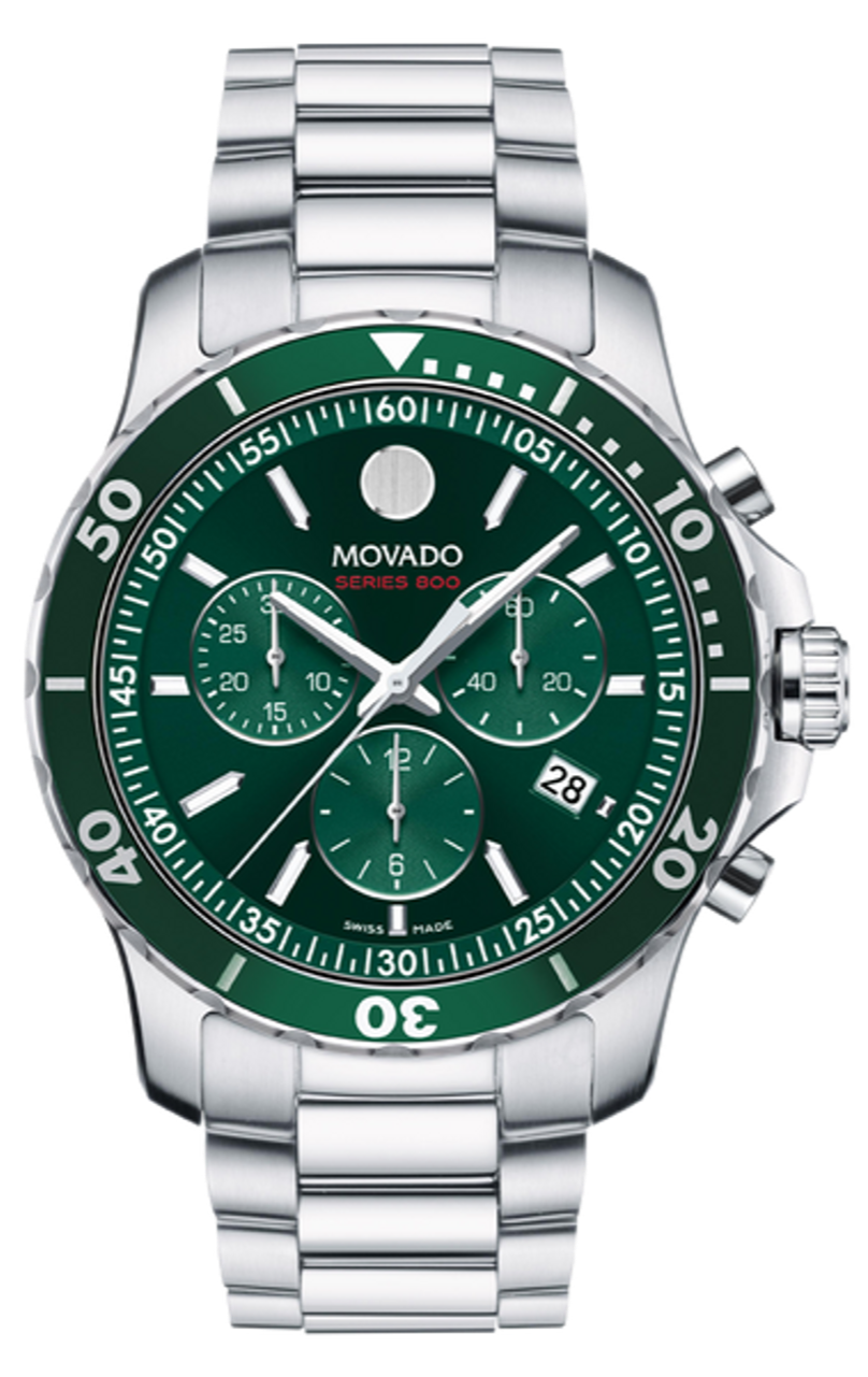 Movado Series 800 chronograph watch with green dial and stainless steel bracelet