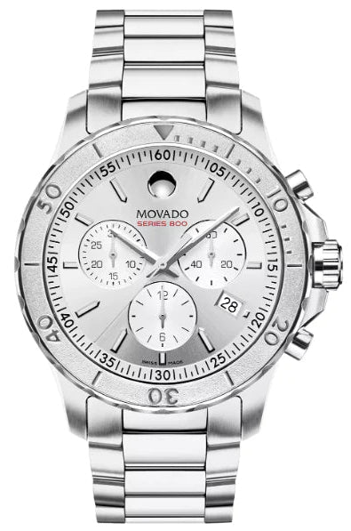 Movado Series 800 Chronograph silver dial watch with stainless steel bracelet, chronograph subdials and moon phase