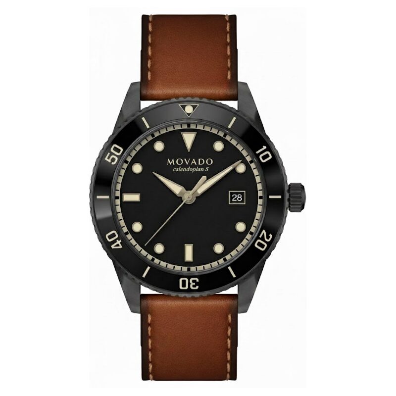 Movado sport-casual men's watch with black dial and brown leather strap