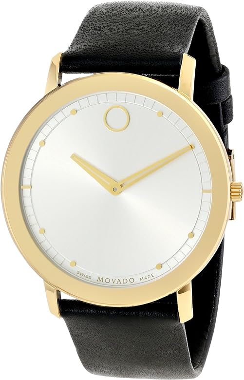 Movado TC watch from angled view showing silver dial and black leather strap