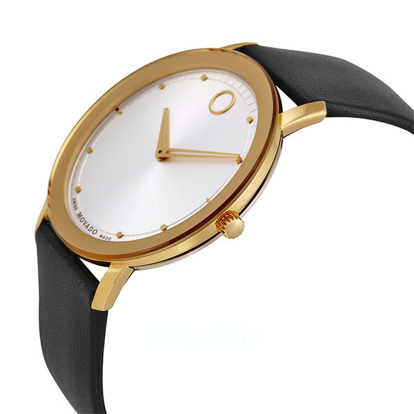 Movado TC watch worn on wrist showing silver dial and black leather strap