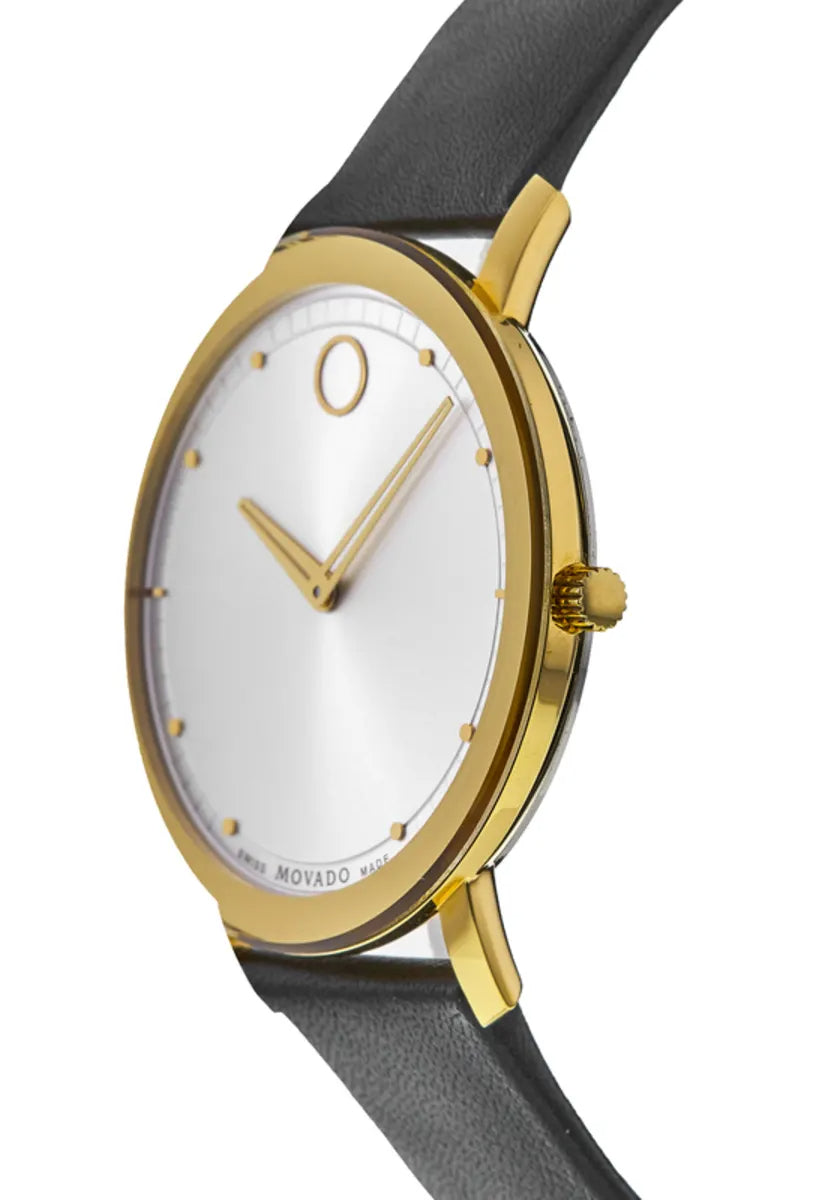 Movado TC watch side view with black leather strap and gold-tone case