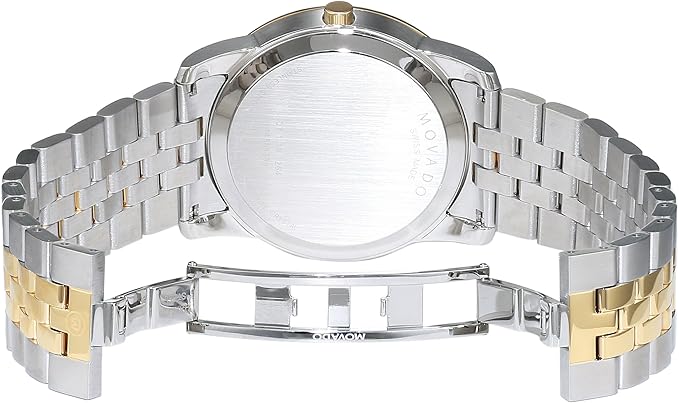 Caseback view of Museum Classic watch showing stainless steel and two-tone mixed metal bracelet